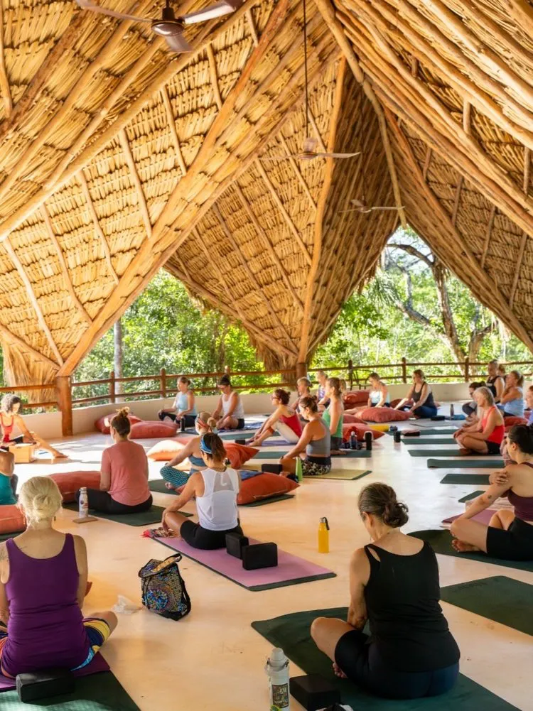 Sesión de yoga en palapa